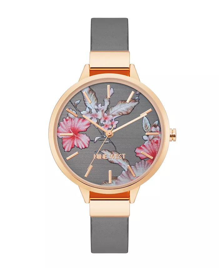

Женские часы с серым кварцевым ремешком из искусственной кожи и цветочным узором, 38 мм Nine West