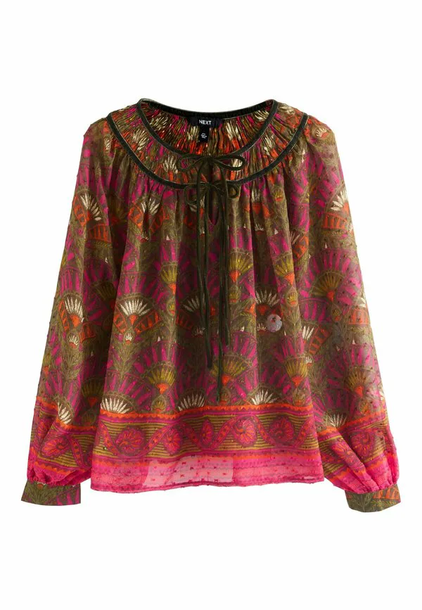 Блузка с длинными рукавами и завязками на шее, укороченного кроя. Next, Pink Green Geometric Border Print