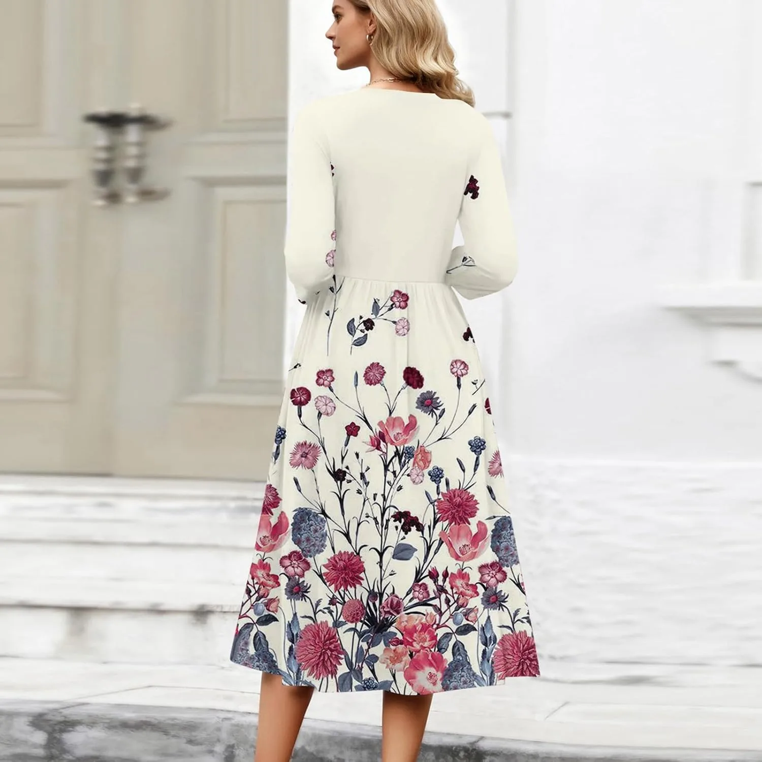Женское платье Comfy Flowy с круглым вырезом, 3/4 рукава, силуэт A-Line, летнее платье, модный принт, повседневное свободное платье с карманами Generic, бежевый — фото 3