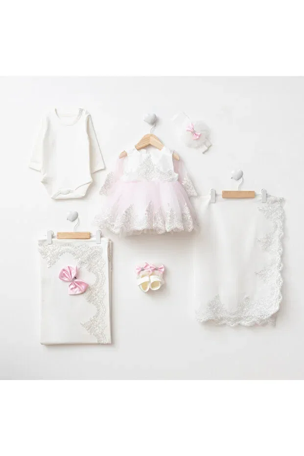 Детский комплект для девочек кружевной Mevlüt french lace 6-piece dress with headscarf & blanket for special occasions - mother baby set Lisaloom, Pink — фото 2