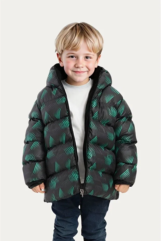 Детское зимнее пальто для мальчиков с капюшоном Outriverkids, Green Black — фото 2