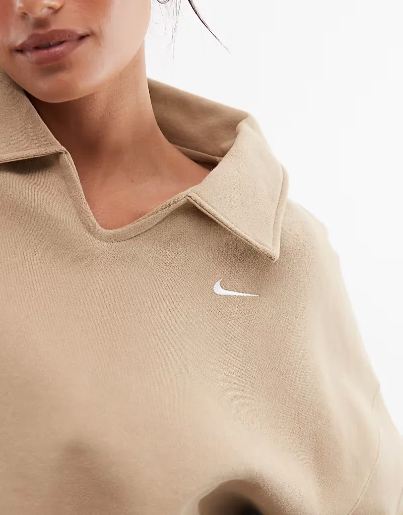 Укороченная флисовая рубашка-поло Nike Studio Fleece Oversized, бежевый — фото 3