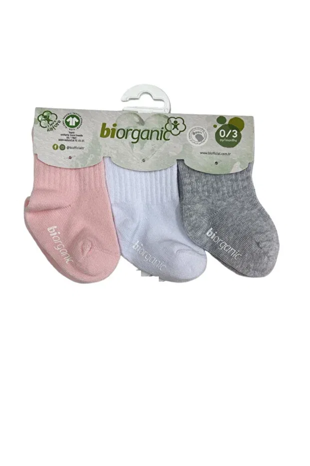 Детские носки для новорожденных нескользящие 3 пары Biorganic, Gray/White/Pink