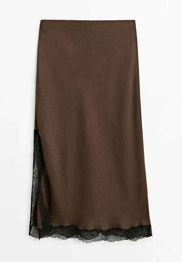 Юбка кружевная Lace-trimmed midi skirt Massimo Dutti, темно-коричневый — фото 4