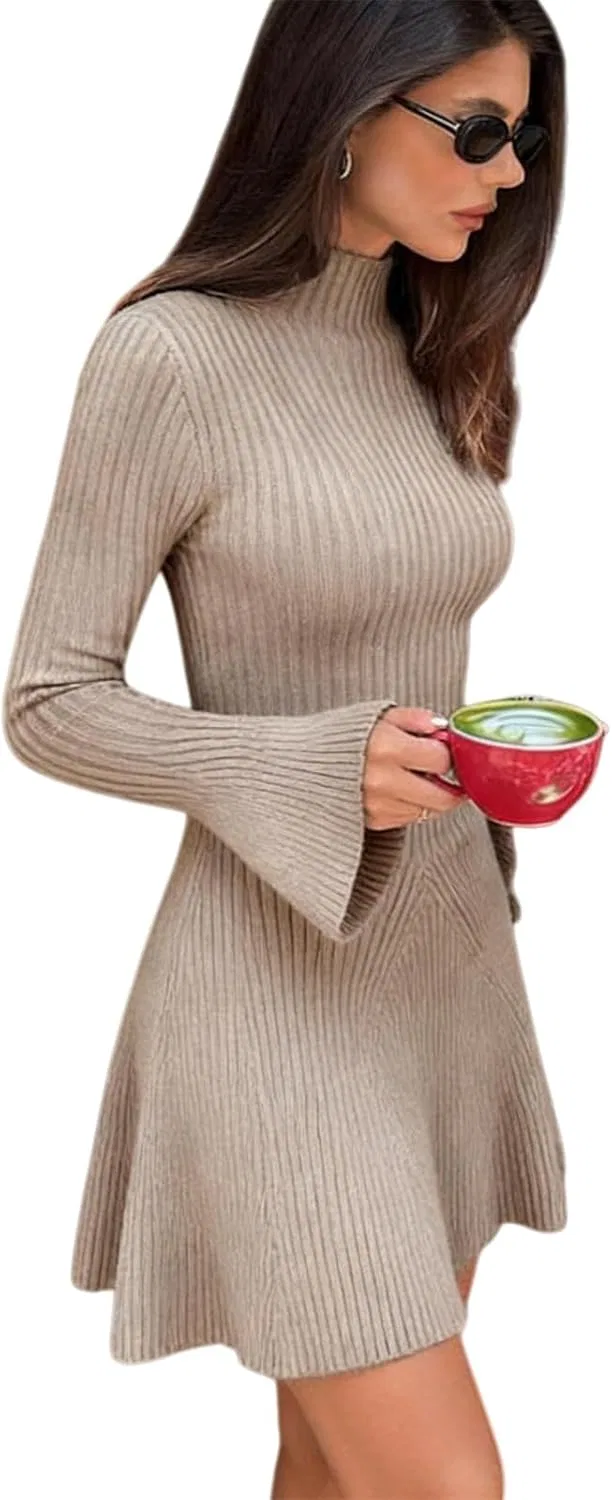 Женское платье A-line из рибаны с круглым вырезом, Khaki