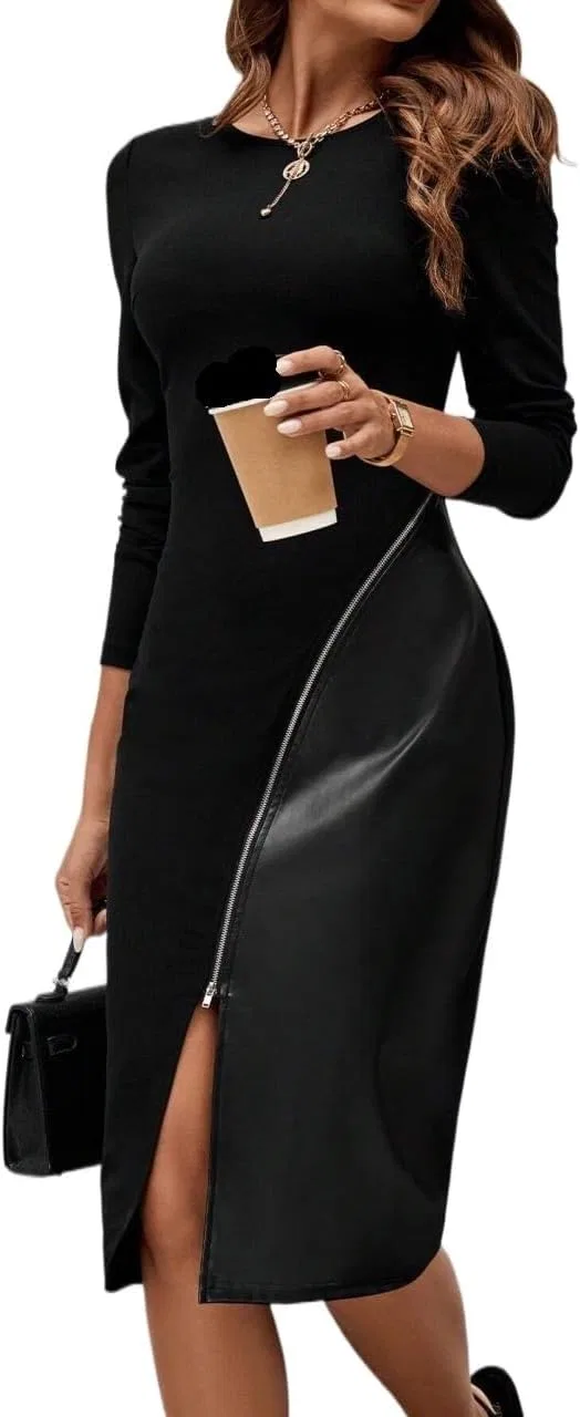 Женское облегающее миди-платье с разрезом PU Leather, Black — фото 3