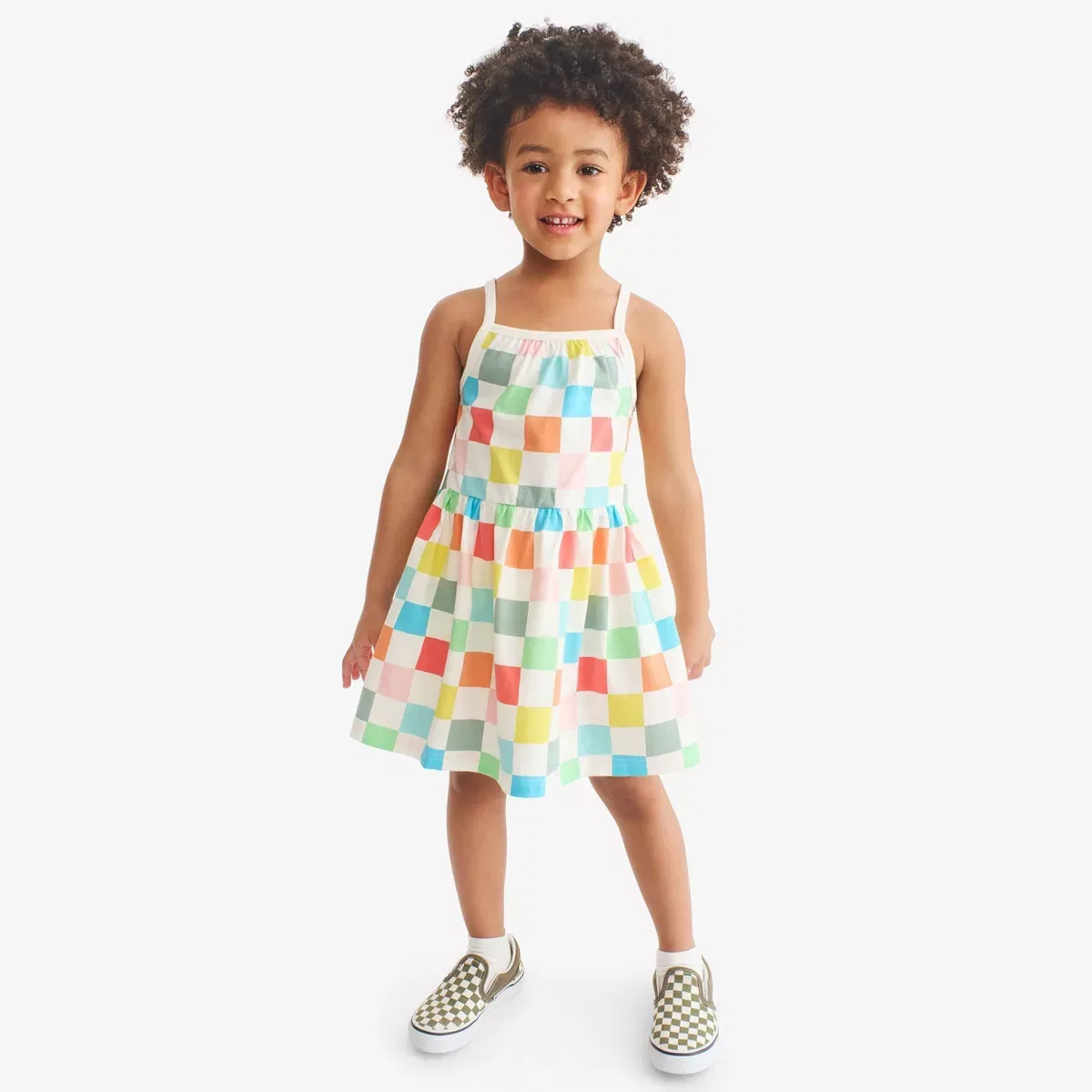 Детское платье для девочек с принтом Picnic Dress Primary, Ivory Rainbow Check — фото 2