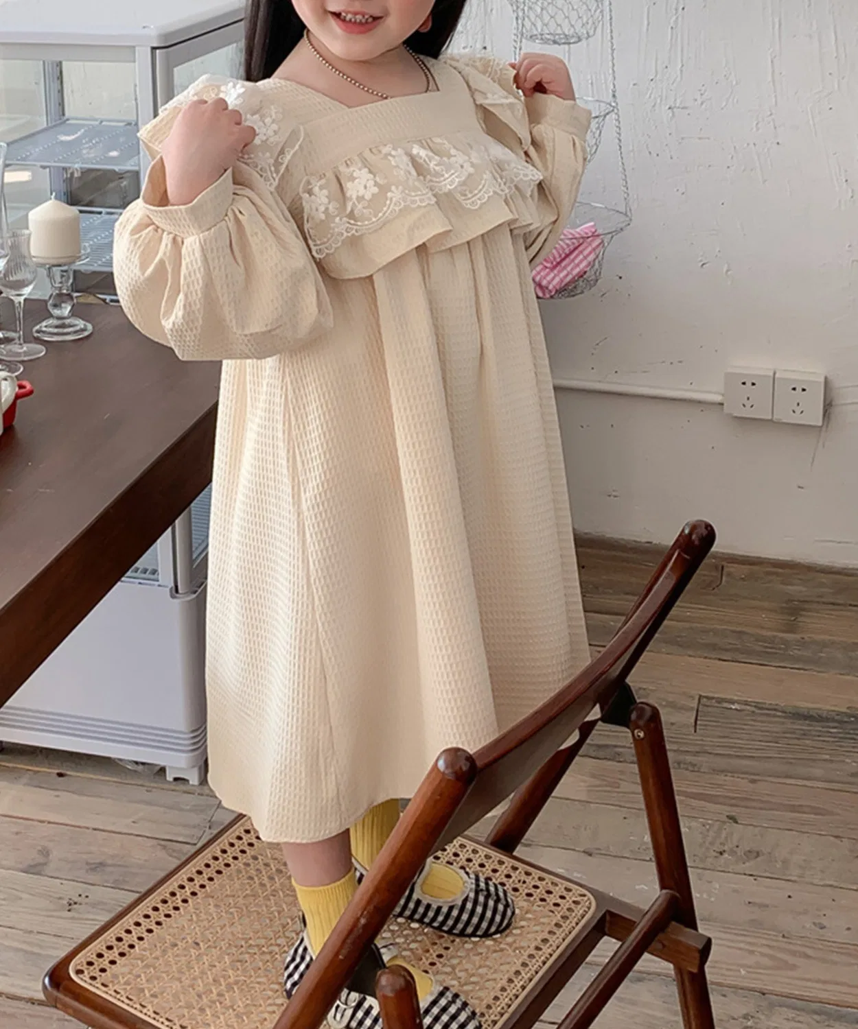 Детское платье с кружевом и длинным рукавом, модель Simple Lace Dress, aimoha, Off White