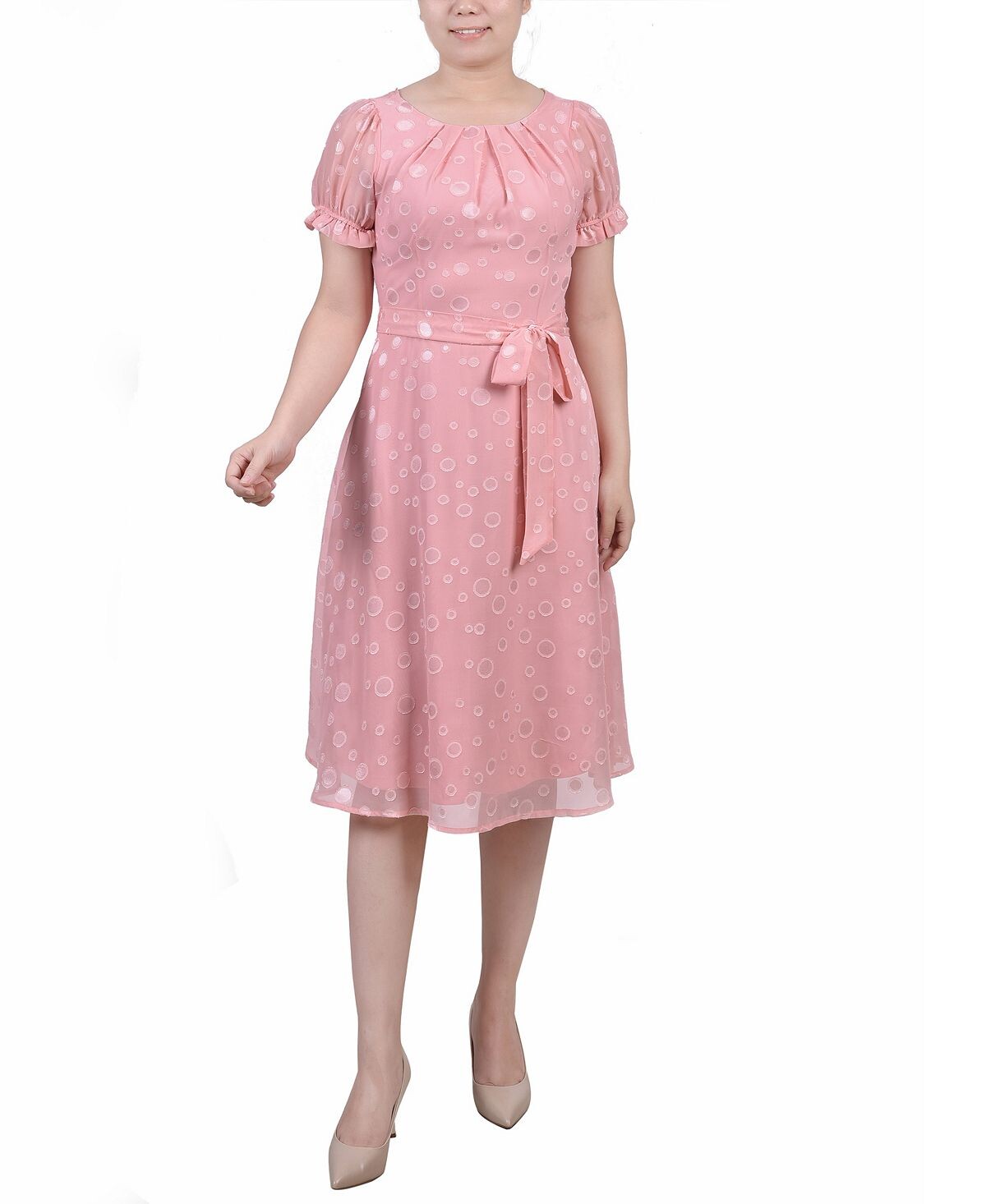 

Миниатюрное платье в горошек с поясом и короткими рукавами NY Collection, мульти