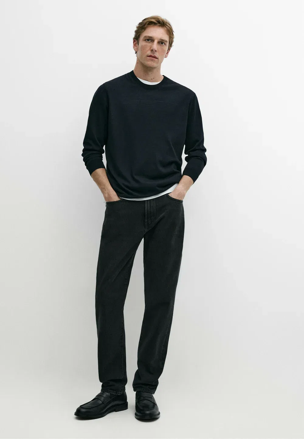 Вязаный свитер с круглым вырезом из 100% мериносовой шерсти Massimo Dutti, Dark Blue — фото 2