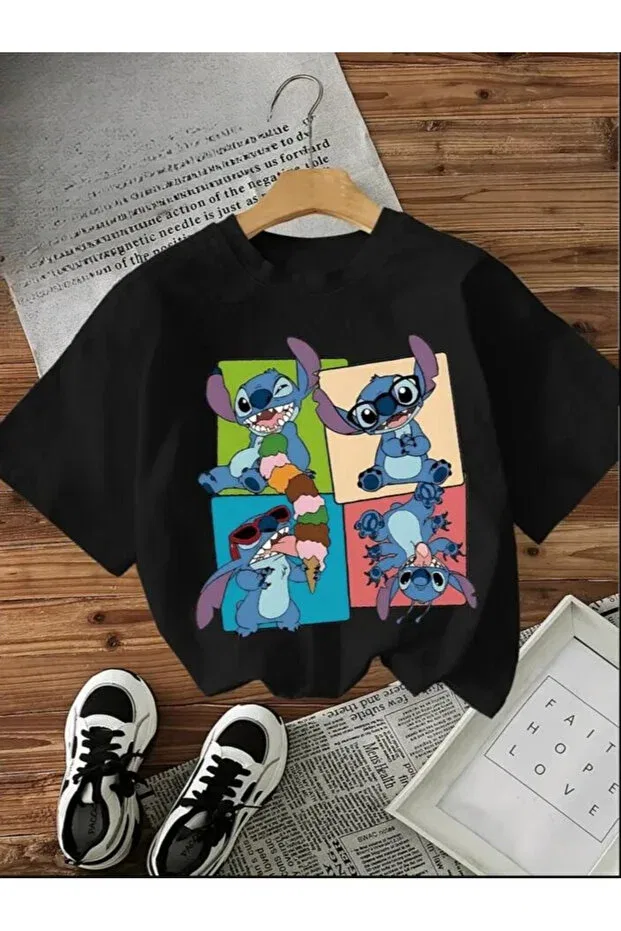 Детская футболка для девочек с принтом Unisex character stitch printed circle neck short sleeve girl's t-shirt Baxia, Black