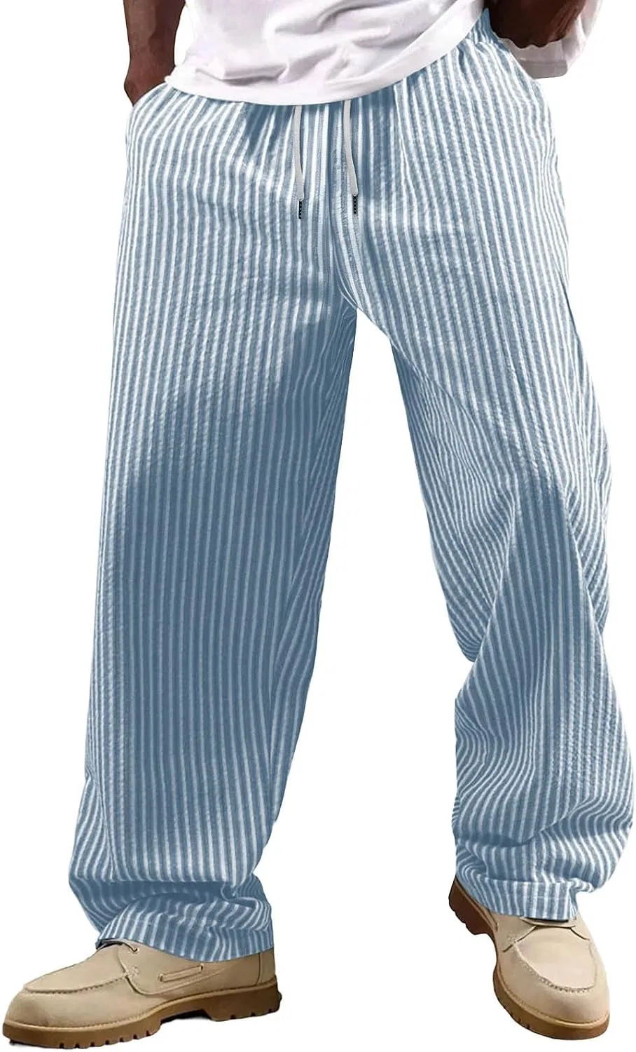 Мужские летние брюки прямого кроя с принтом, Cotton Linen Striped Beach Pants, синий — фото 2
