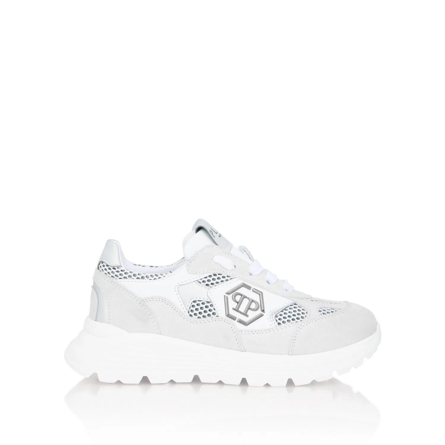 Детские кроссовки из замши и сетки Philipp Plein, White/Silver
