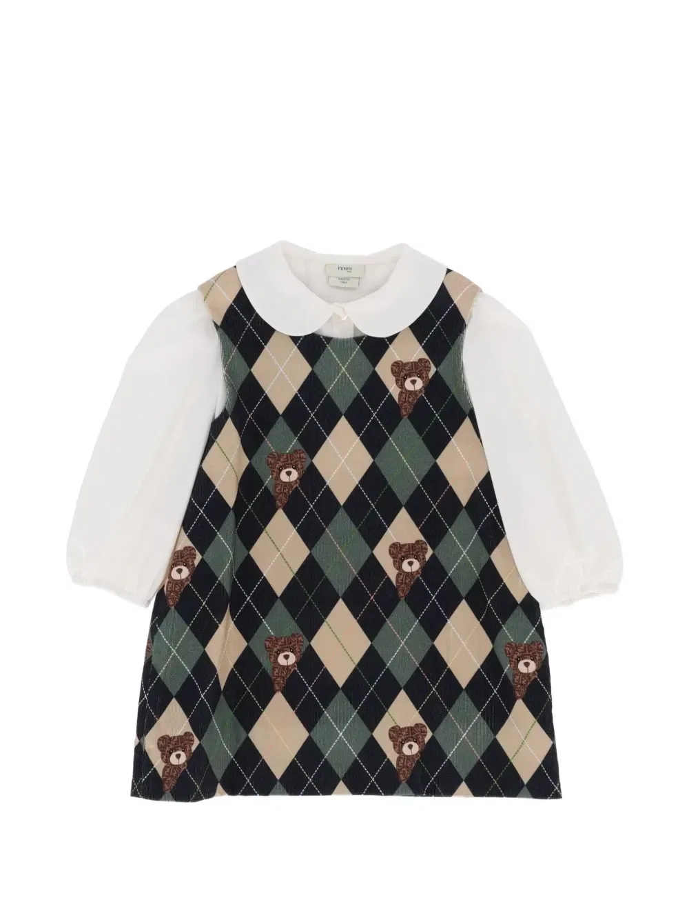 Вельветовое платье с принтом аргайл в виде медвежонка Fendi Kids, белый