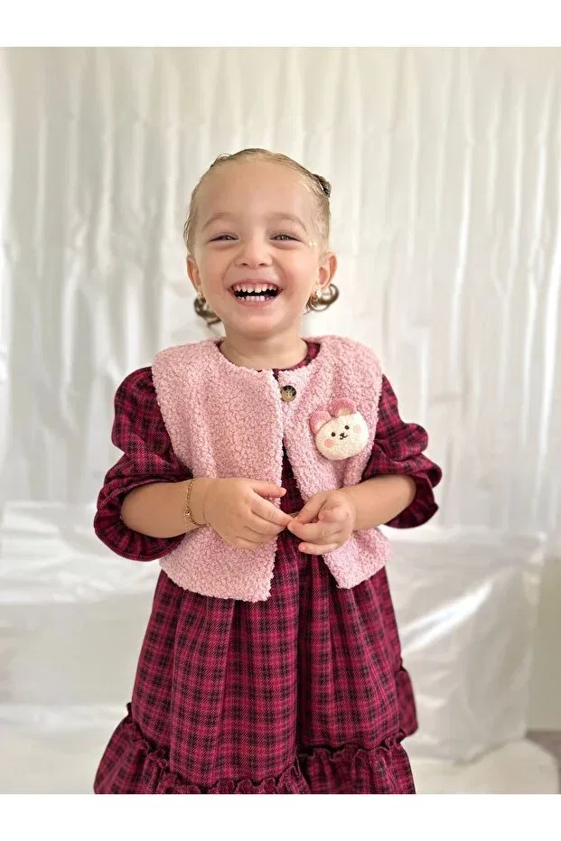 Детское платье для девочек с принтом Plaid girl's dress with plush vest Cherrys Bebek, Dark Pink — фото 4