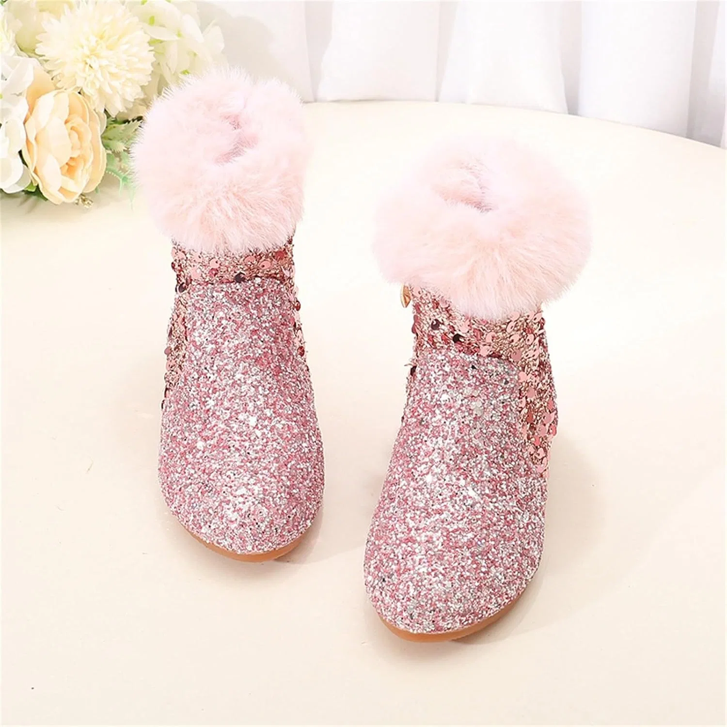 Детские сапоги для девочек с блестками и меховой подкладкой, Pink — фото 3