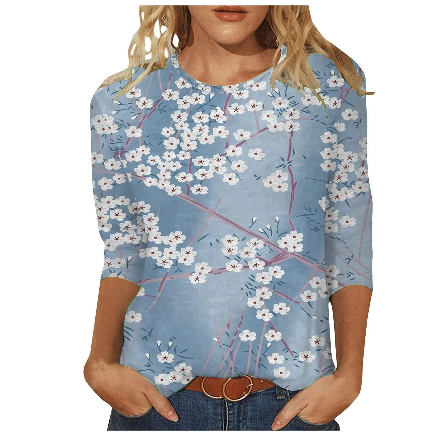 Женская футболка с принтом Plus Size T-Shirts 3/4 Sleeves, Blue #5