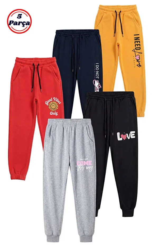 Детский комплект спортивных брюк для девочек с принтом Fyk Collection, Yellow-Navy Blue-Red-Black-Gray