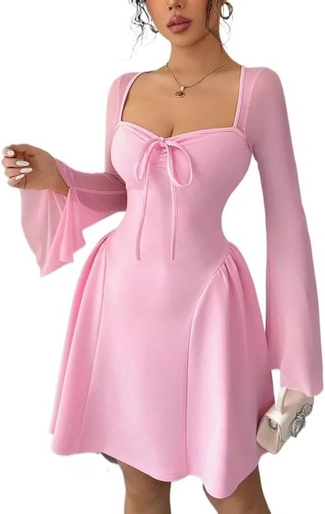 Женское платье A-силуэта мини с длинным рукавом, Pink