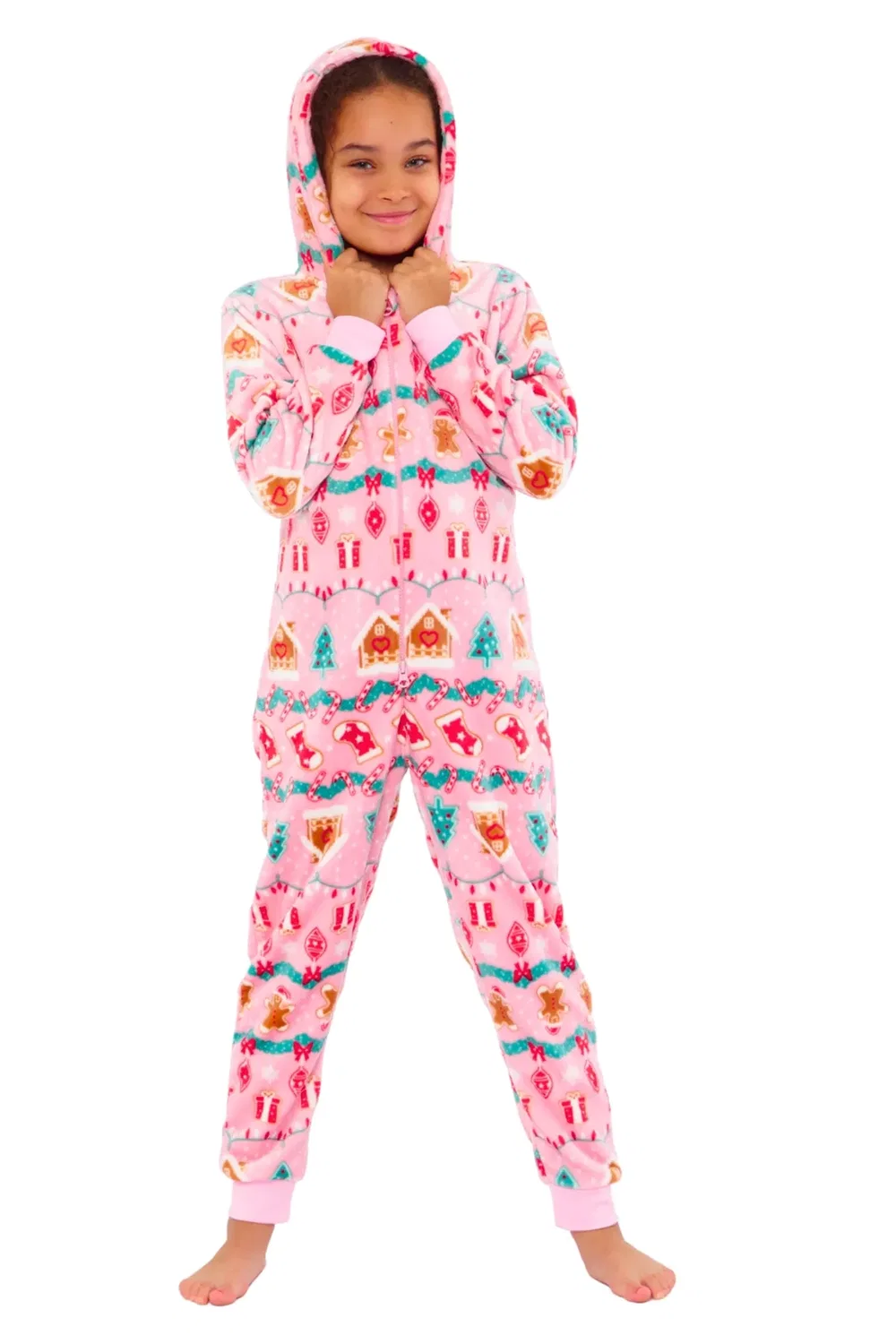 Детский флисовый комбинезон с принтом Festive Gingerbread, Cozy N Dozy, Pink — фото 2