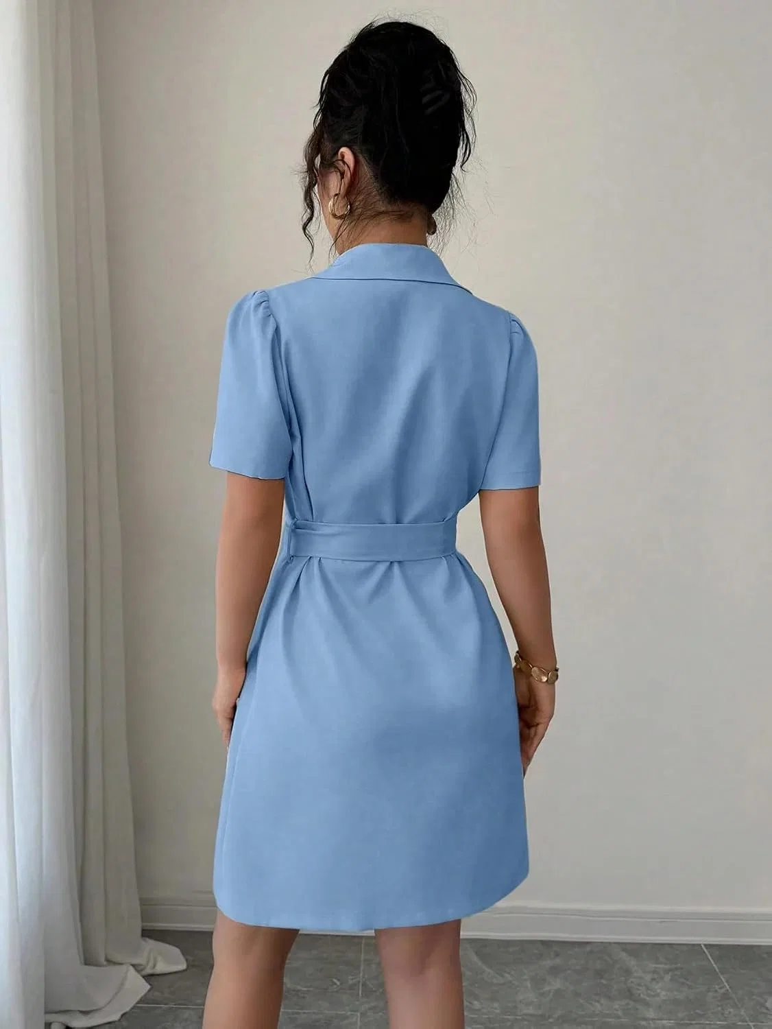 Женское элегантное платье-рубашка с поясом, Blue — фото 3