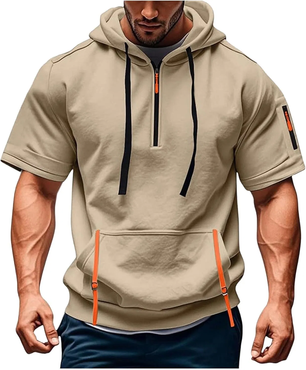 Мужская спортивная футболка с капюшоном и карманом, Khaki