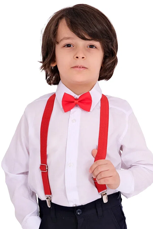 Детский комплект для мальчиков с длинным рукавом Boy'S long sleeve white shirt red suspender bow tie 3 piece set Delfini Kids, White
