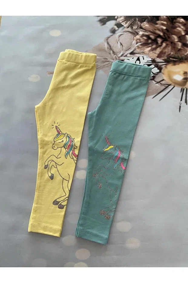 Детские леггинсы для девочек с принтом Unicorn Printed Combed Cotton Mini Kids Baby, Yellow-Mint