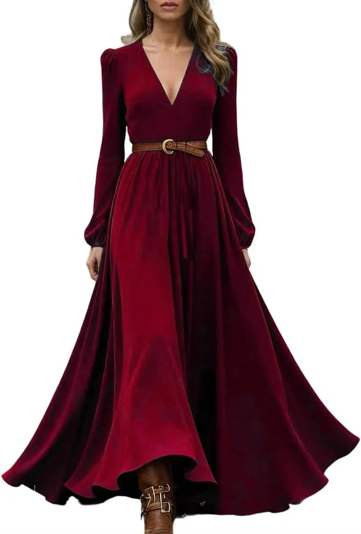 Женское платье V-образным вырезом Western Style Casual, Wine