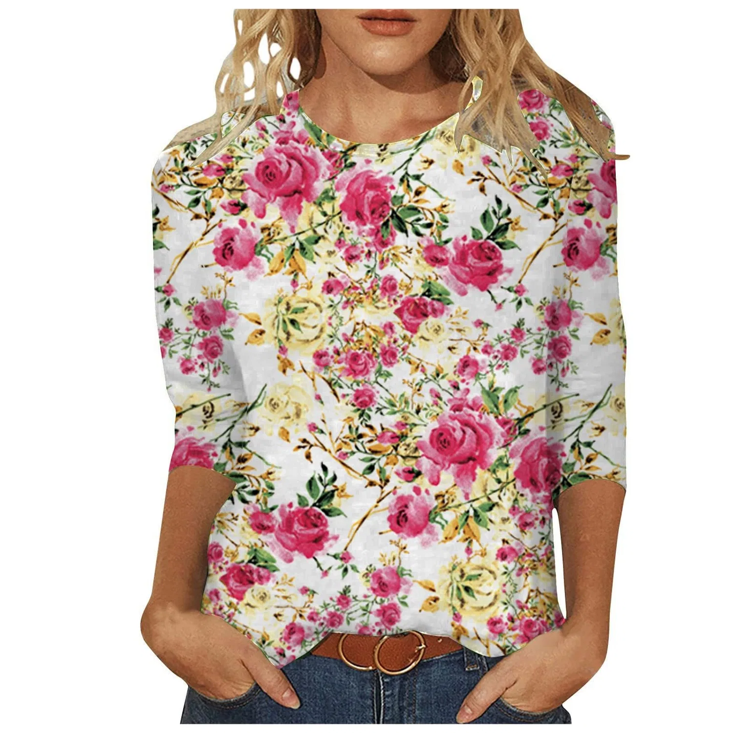 Женская футболка с принтом Plus Size T-Shirts 3/4 Sleeves, Hot Pink #2