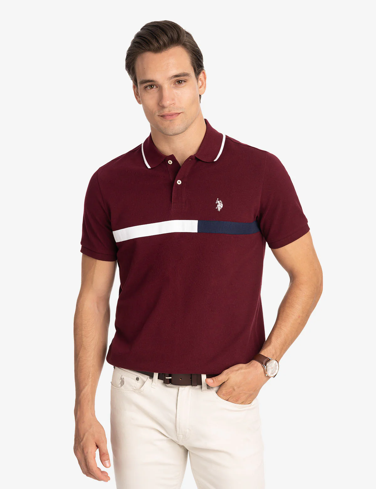

Футболка-поло U.S. Polo Assn Color Block Chest Stripe Pique, темно-красный