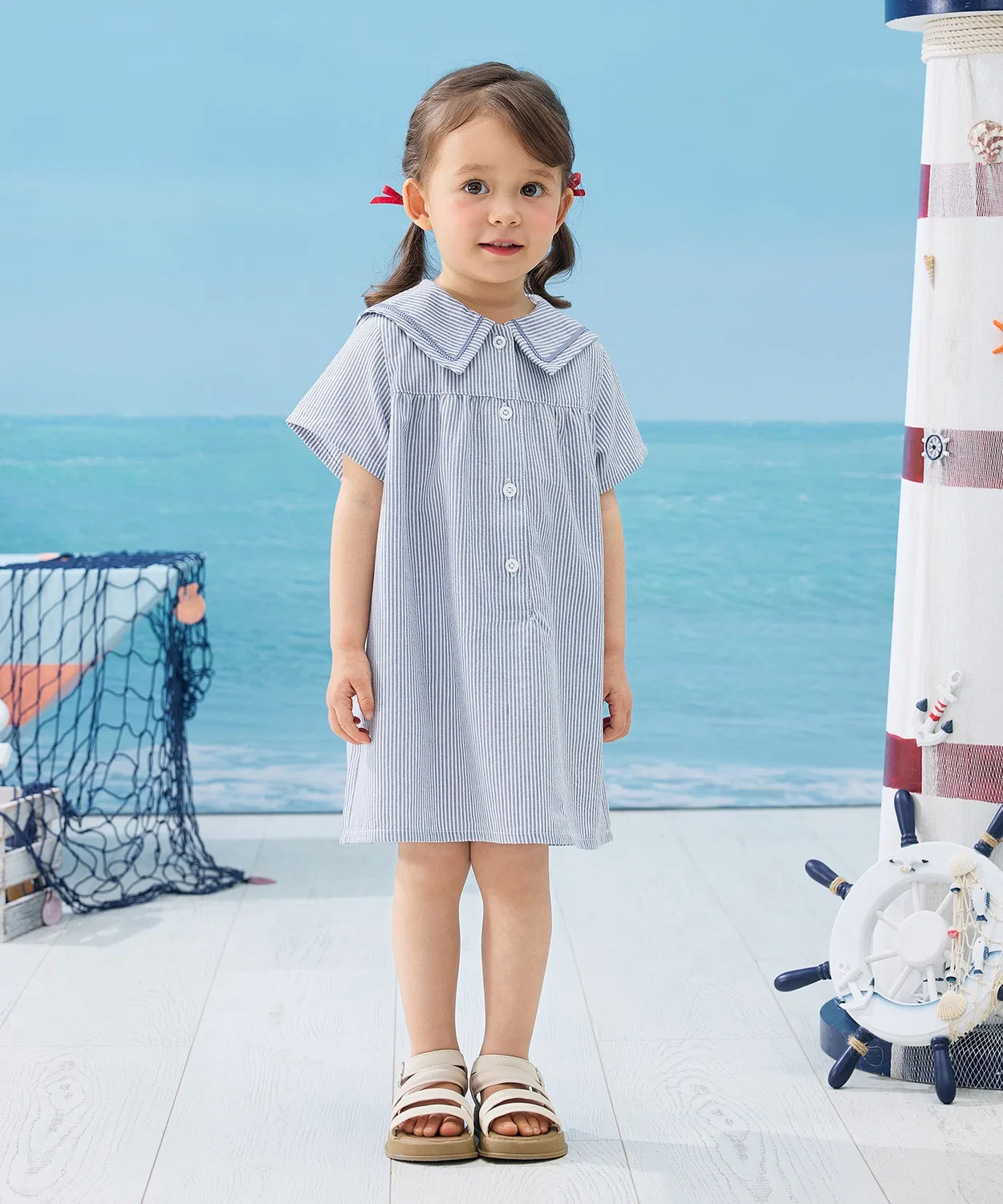 Детское платье с коротким рукавом и принтом Sailor Collar combimini, Blue