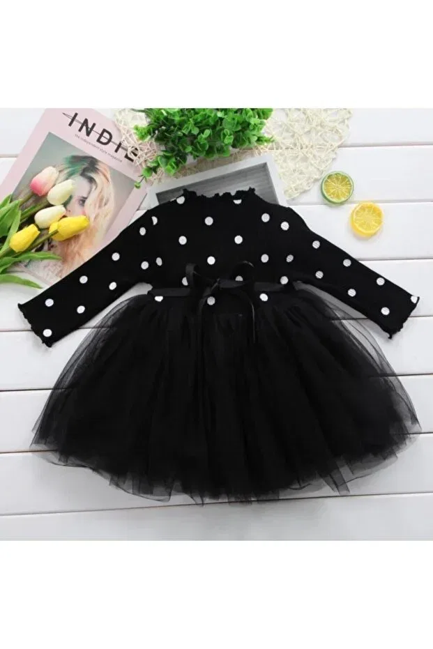 Детское платье для девочек с принтом Linda baby girl kids dress polka dot stretchy lycra Şirin Şeyler Butiği, Black — фото 3