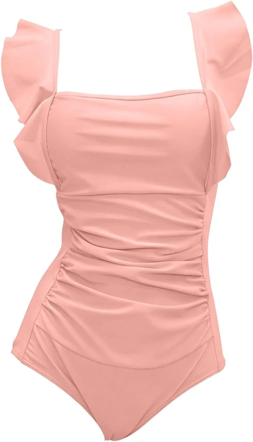 Женский цельный купальник с рюшами и утяжкой живота, Pink — фото 3