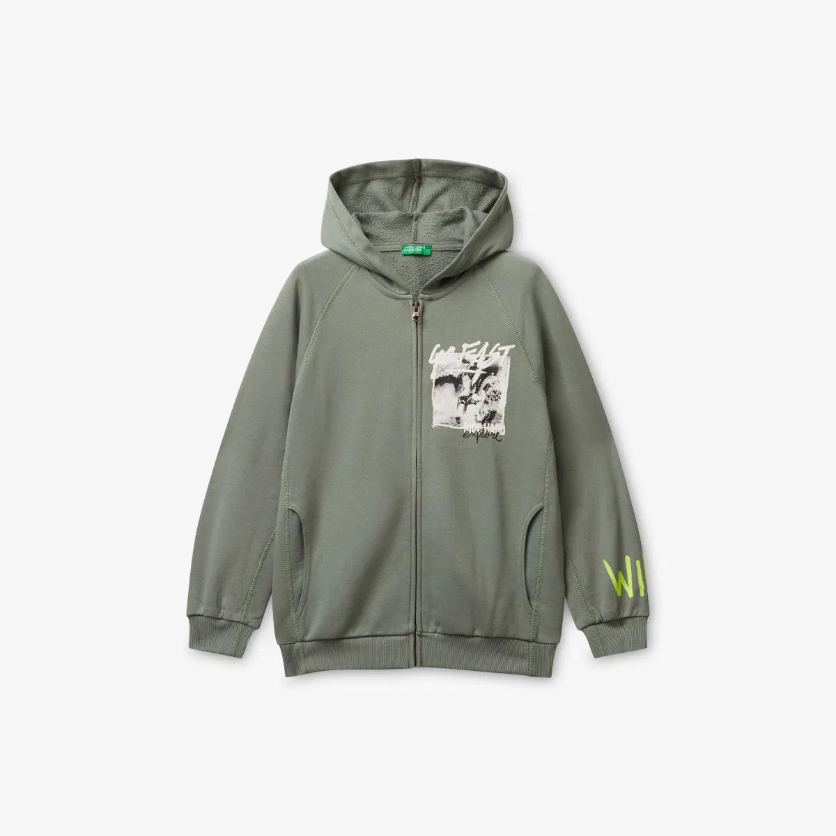 Хлопковая толстовка на молнии с графическим принтом, 6-14 лет Benetton, хаки