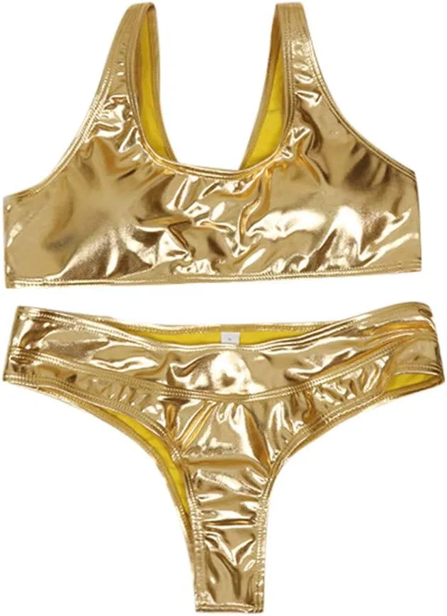 Женский металлический монокини с V-образным вырезом, Yellow — фото 3