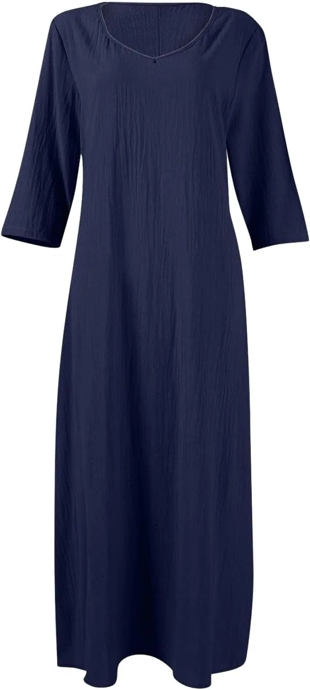 Женское летнее богемное платье макси с v-образным вырезом Cotton Linen, Navy — фото 4