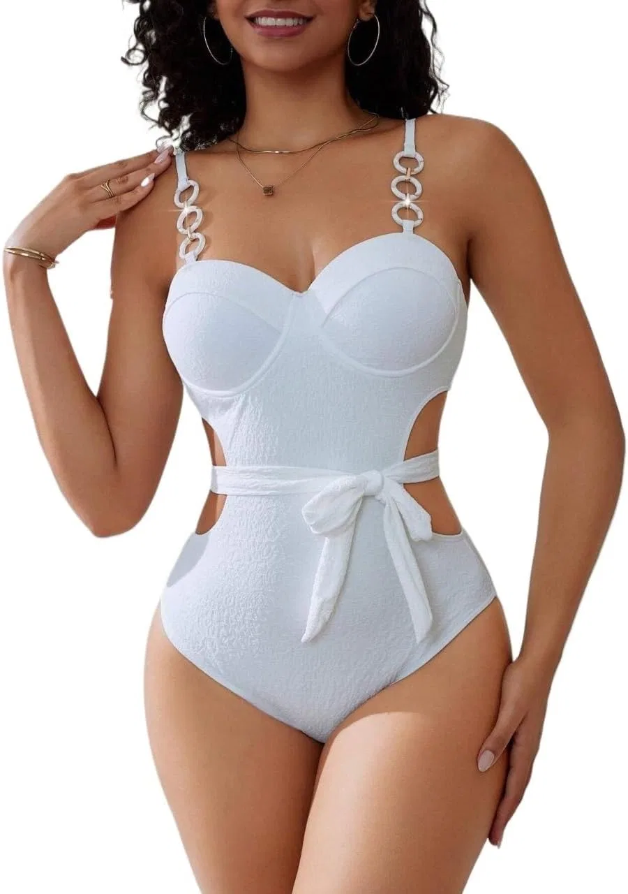 Женский цельнокроеный купальник с вырезом и пуш-ап Summer Monokini, White