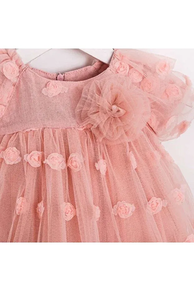 Детское платье для девочек с принтом Salmon color floral patterned tulle baby girl birthday and special occasion dress Pitababy, Pink — фото 4