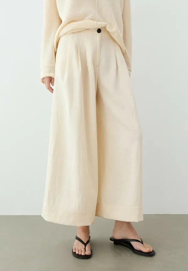 Брюки из вискозы Wide-leg cropped pants Massimo Dutti, beige, бежевый