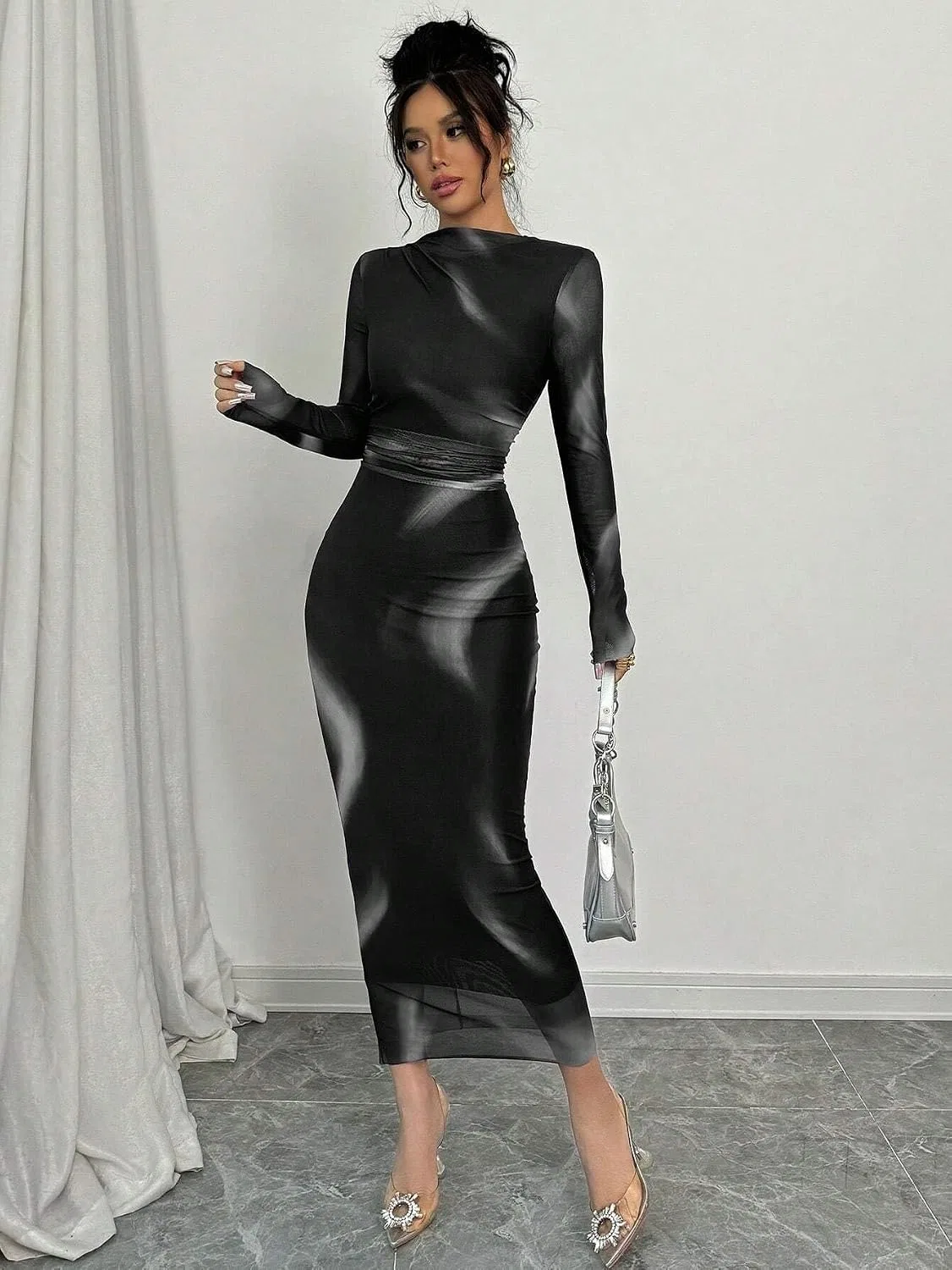 Женское элегантное длинное платье из сетки с высоким воротником, Black — фото 2
