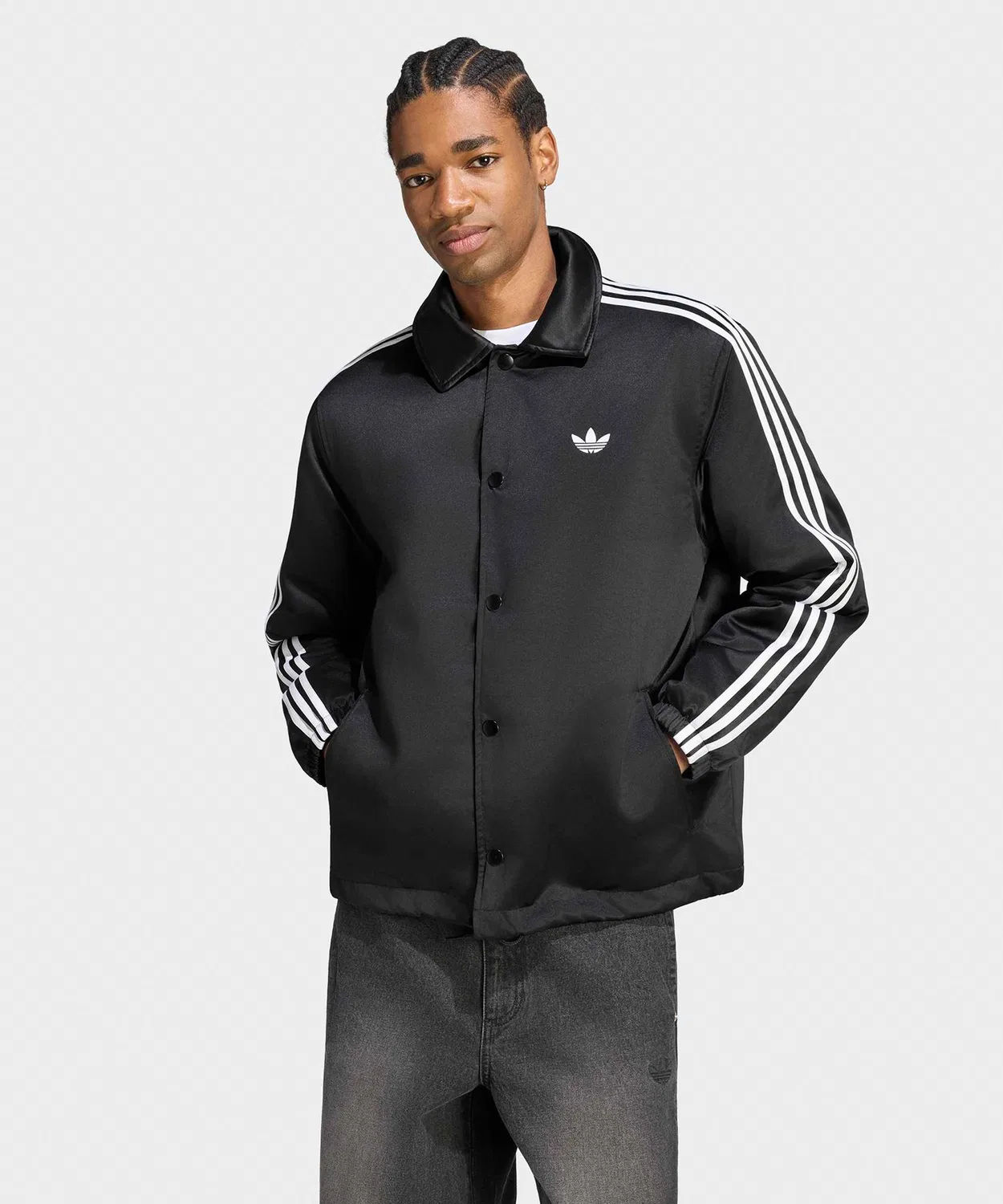 Мужская и женская куртка-коуч с сатиновой отделкой, с логотипом, модель 3 Stripes Satin Coaches Jacket, Adidas, Black