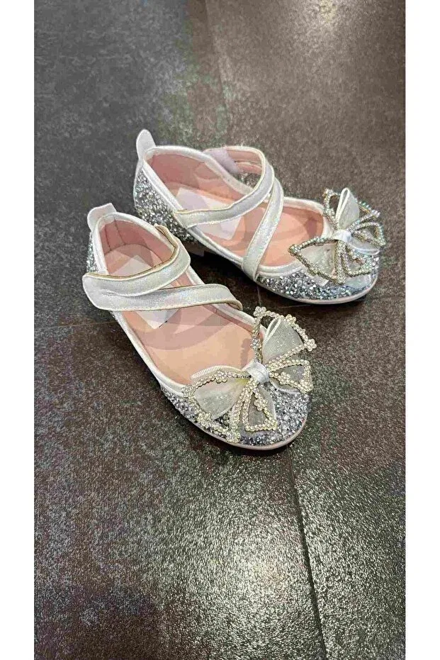 Детские балетки для девочек с камнями Moona Kids, Silver