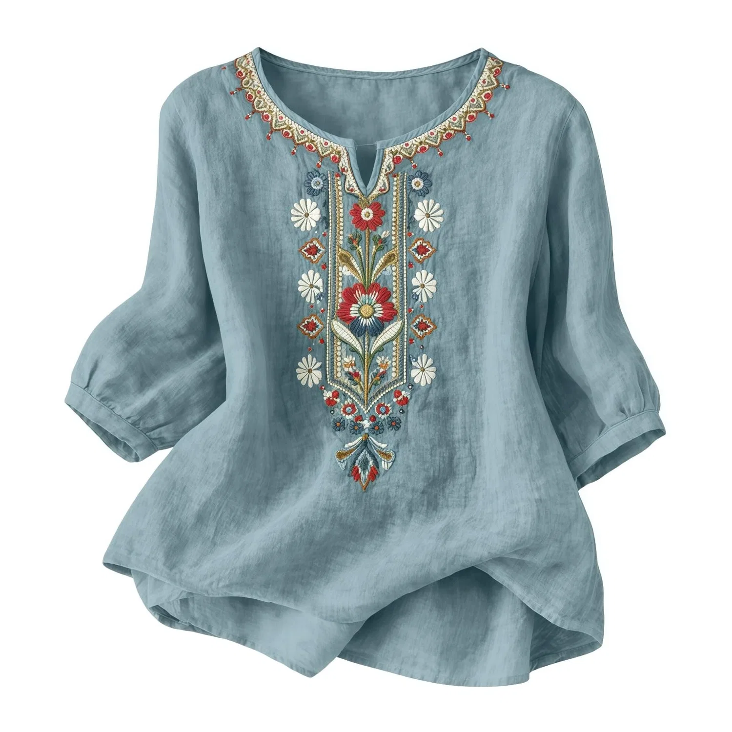 Женская льняная блуза с принтом и вышивкой Chinese Shirts, Z06-light Blue