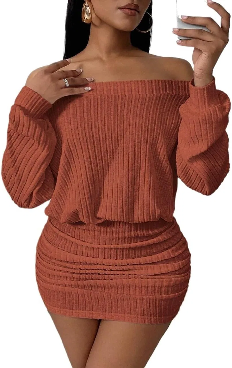 Женское мини-платье с рукавами off shoulder Bodycon, Brown