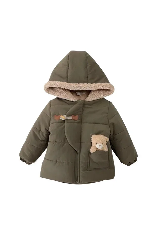 Детское пальто для девочек с капюшоном Çaren kids-shepherd button detailed welsoft (furry) unisex coat Mdm, Khaki