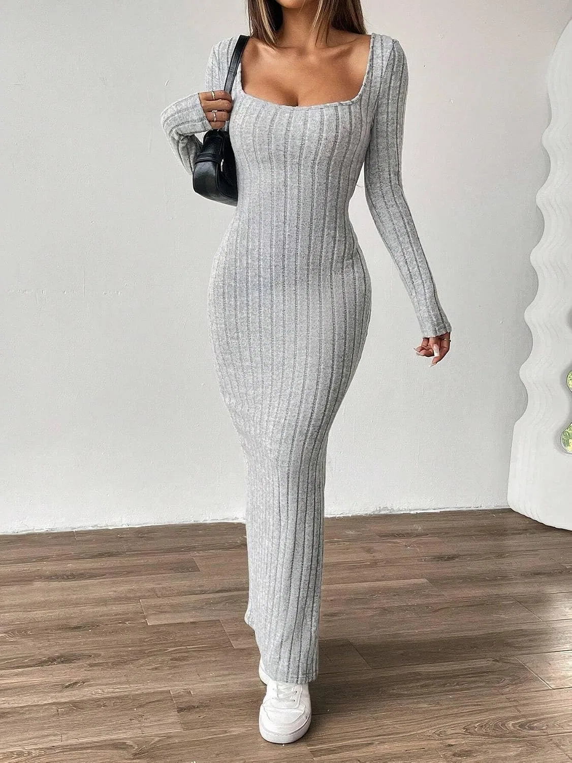 Женское облегающее платье с разрезом и открытой спиной, Grey — фото 4