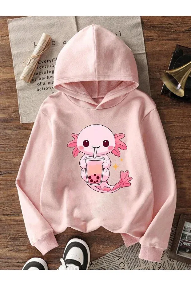 Детские свитшот для девочек с принтом Pink Cute Axolotl And Bubble Tea, Afri, Pink — фото 2