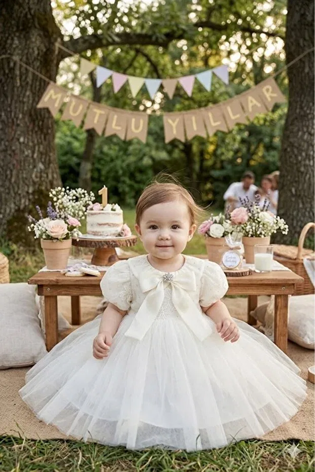 Детское платье для девочек с коротким рукавом-рюш Big Satin Bow Birthday Dress Wedding Evening Dress Princess Model Sweetme, Ecru — фото 3