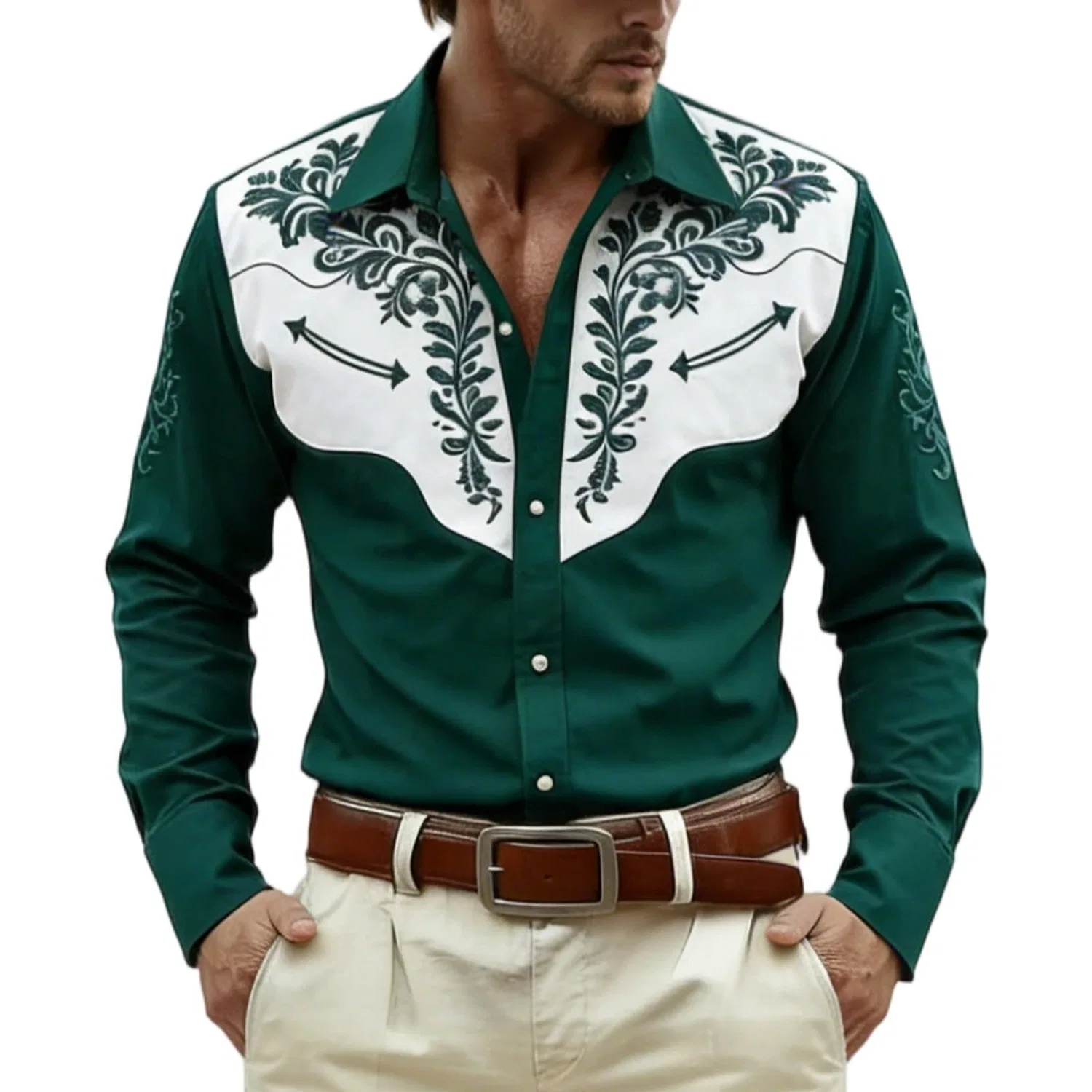 Мужская рубашка с длинным рукавом с вышивкой Western Shirt Cowboy Costume, #04-verde Scuro